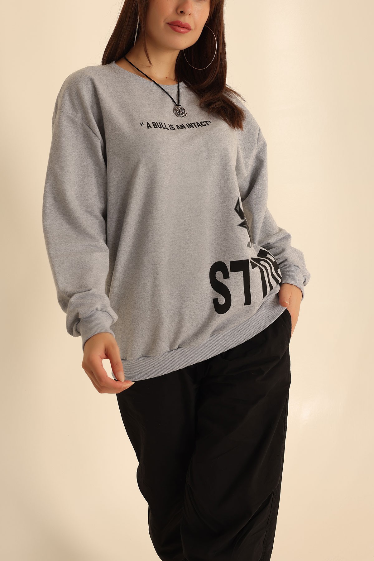 Gri İki İp Baskılı Oversize Sweat 199633
