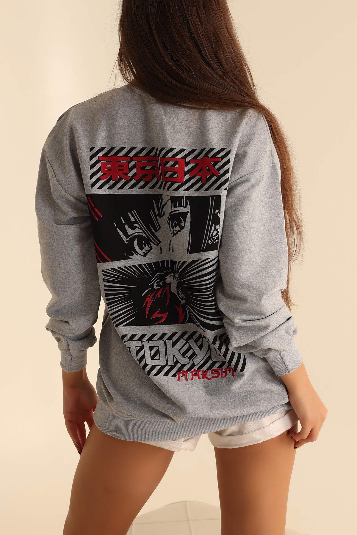 Gri İki İp Baskılı Oversize Sweat 199636