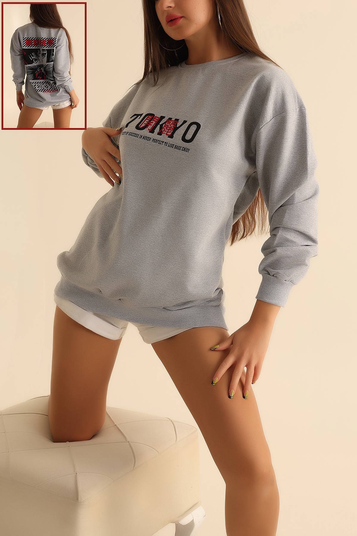 Gri İki İp Baskılı Oversize Sweat 199636