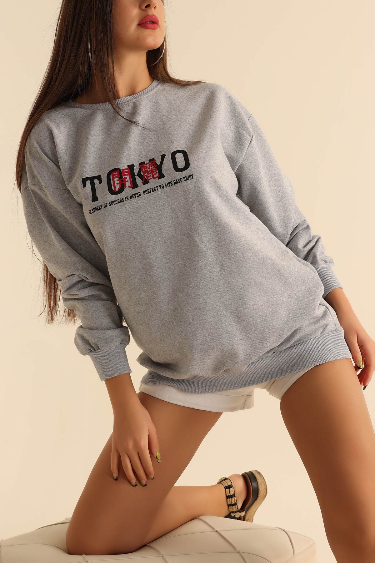 Gri İki İp Baskılı Oversize Sweat 199636