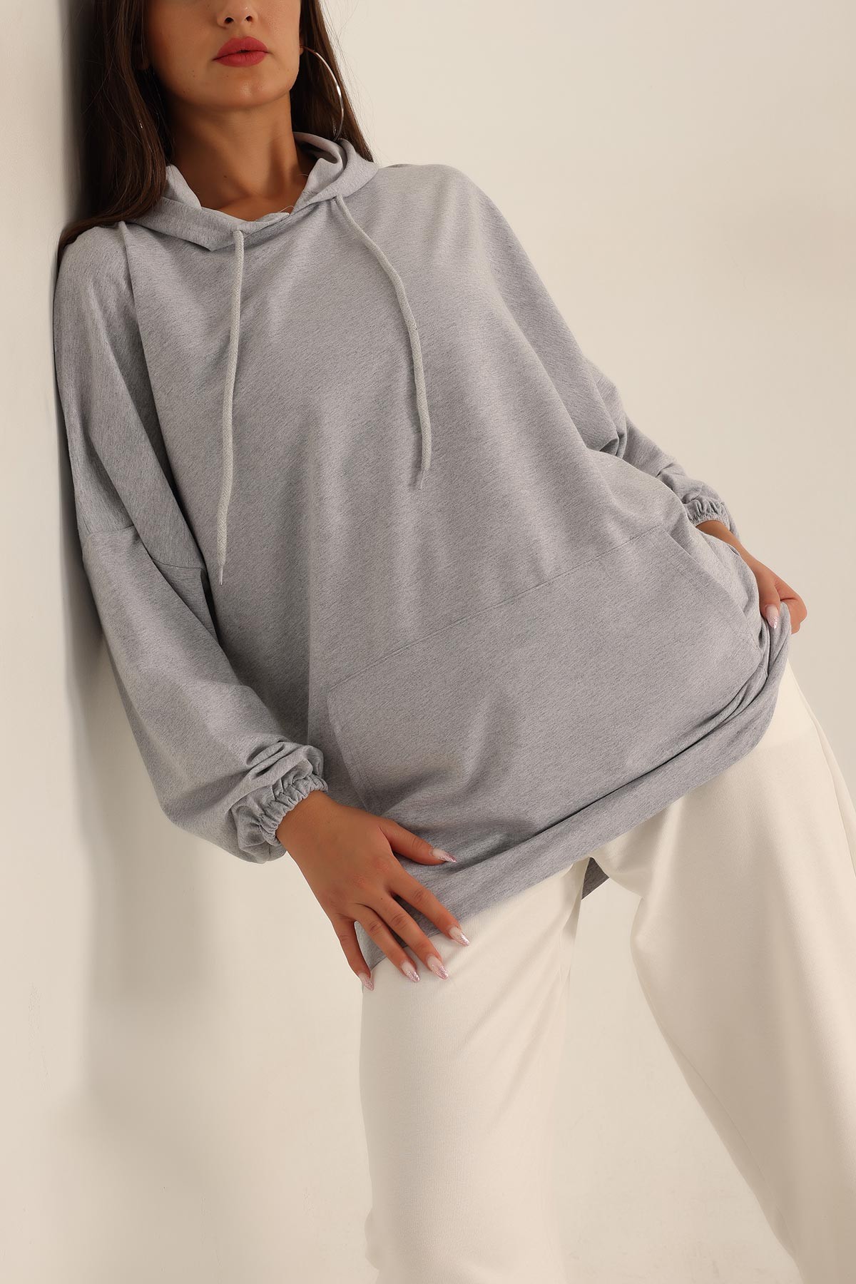 Gri İki İp Kapşonlu Sweat Tunik 198420