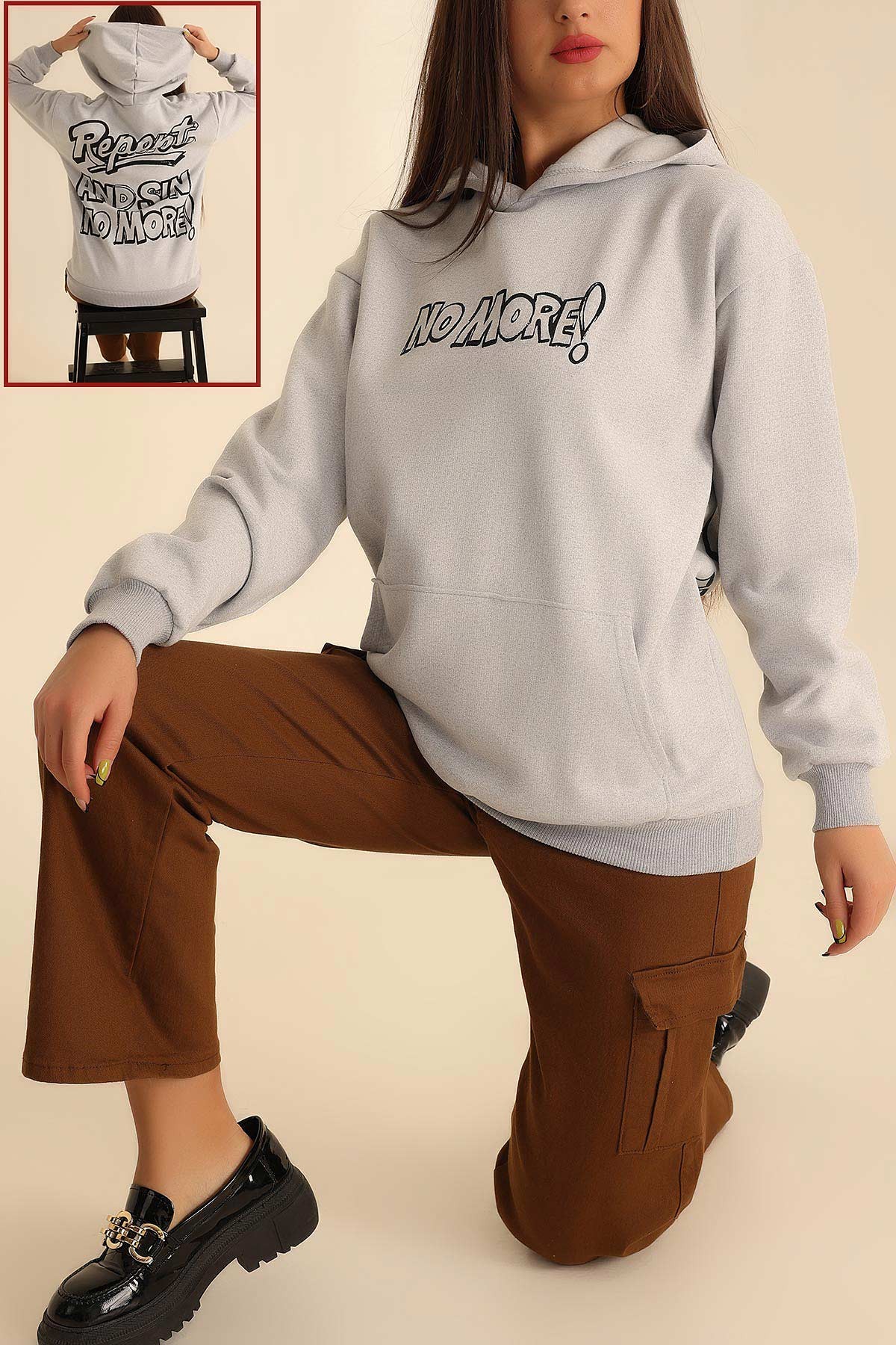 Gri İki İp Kapüşonlu Bayan Sweat 199607