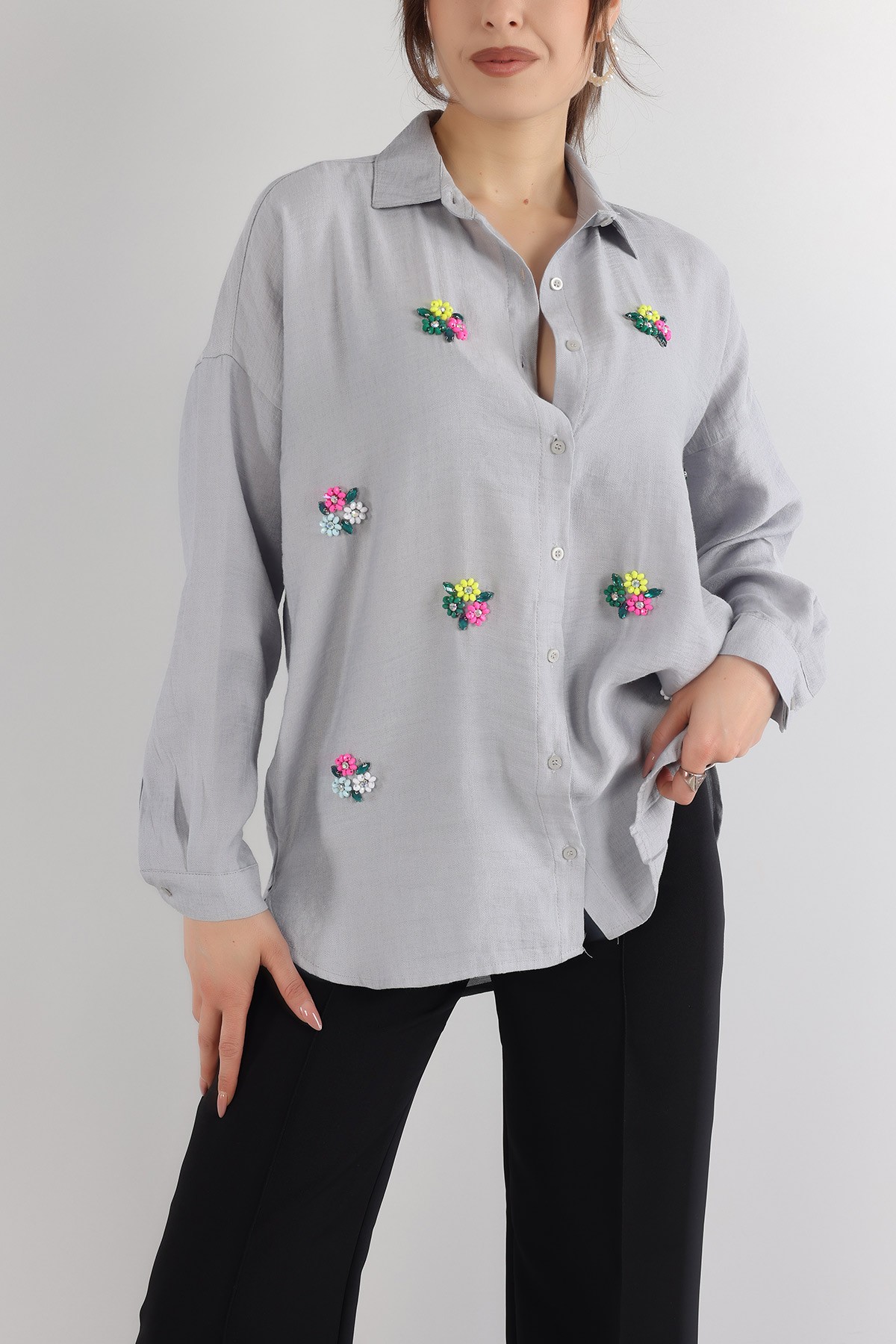 Gri İşlemeli Tasarım Bayan Aerobin Gömlek 165394
