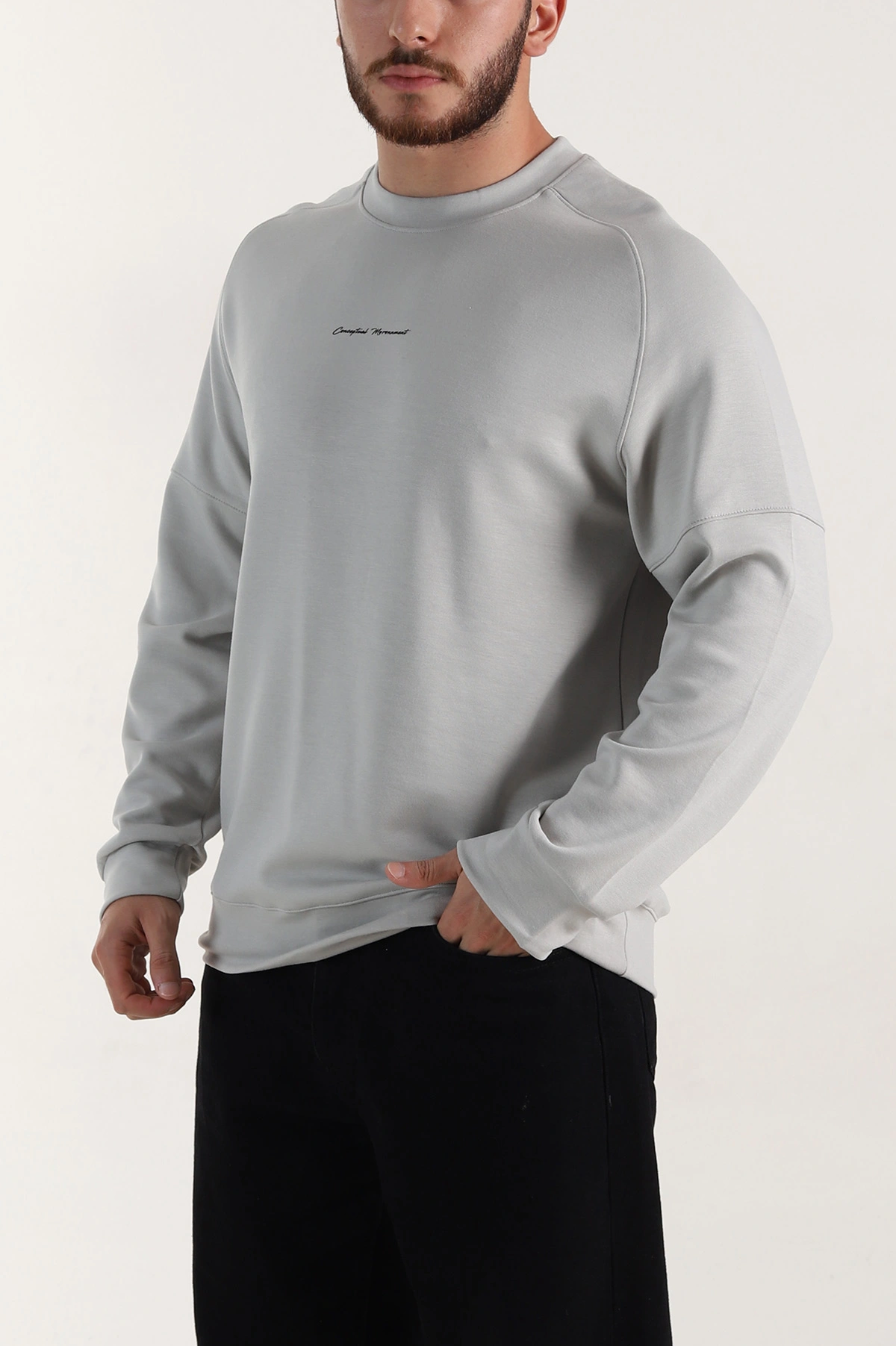 Gri Kabartma Yazılı Bisiklet Yaka Erkek Sweatshirt 396893