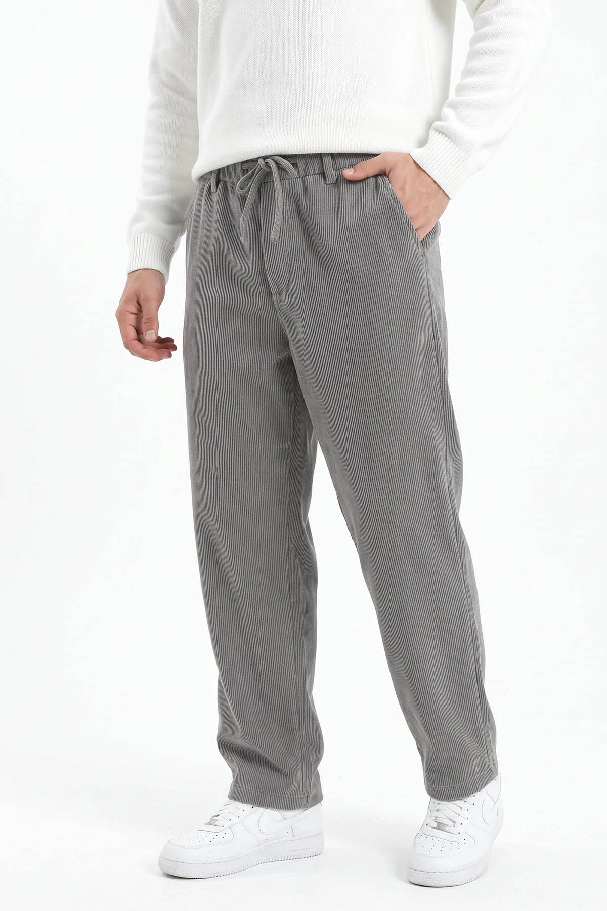 Gri Kadife Baggy Yeni Sezon Belden Bağlamalı Erkek Pantolon 493161
