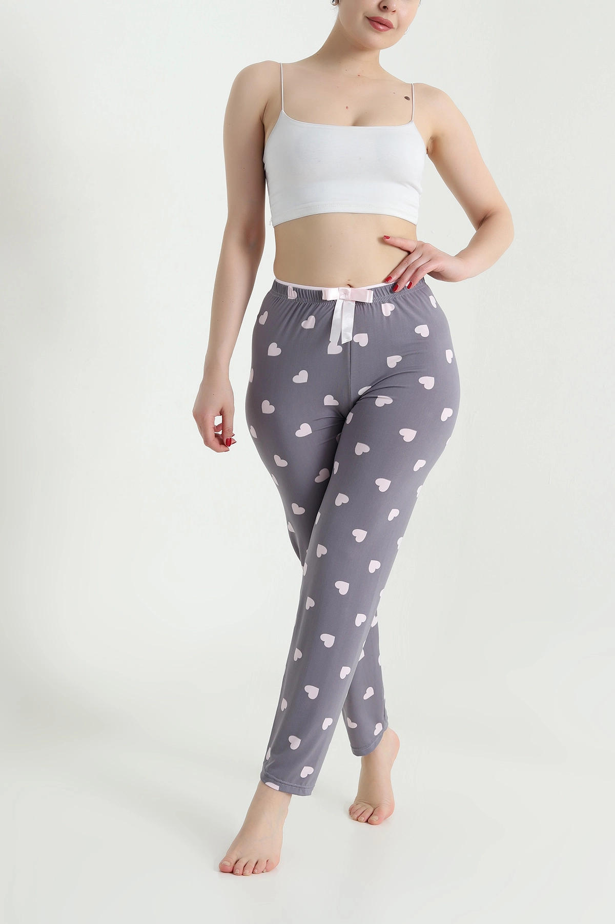 Gri Kalp Desenli Beli Lastikli Kadın Pijama Altı 466376