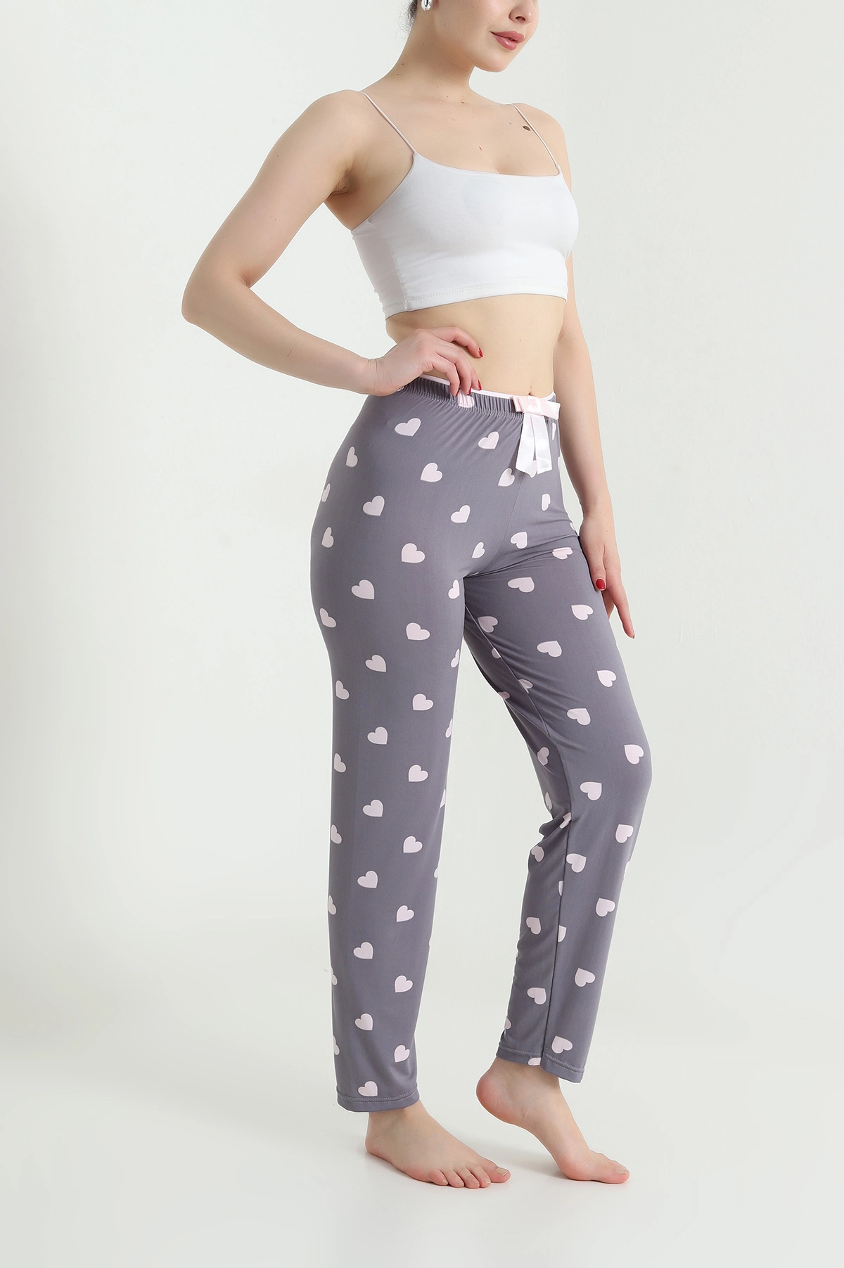 Gri Kalp Desenli Beli Lastikli Kadın Pijama Altı 466376