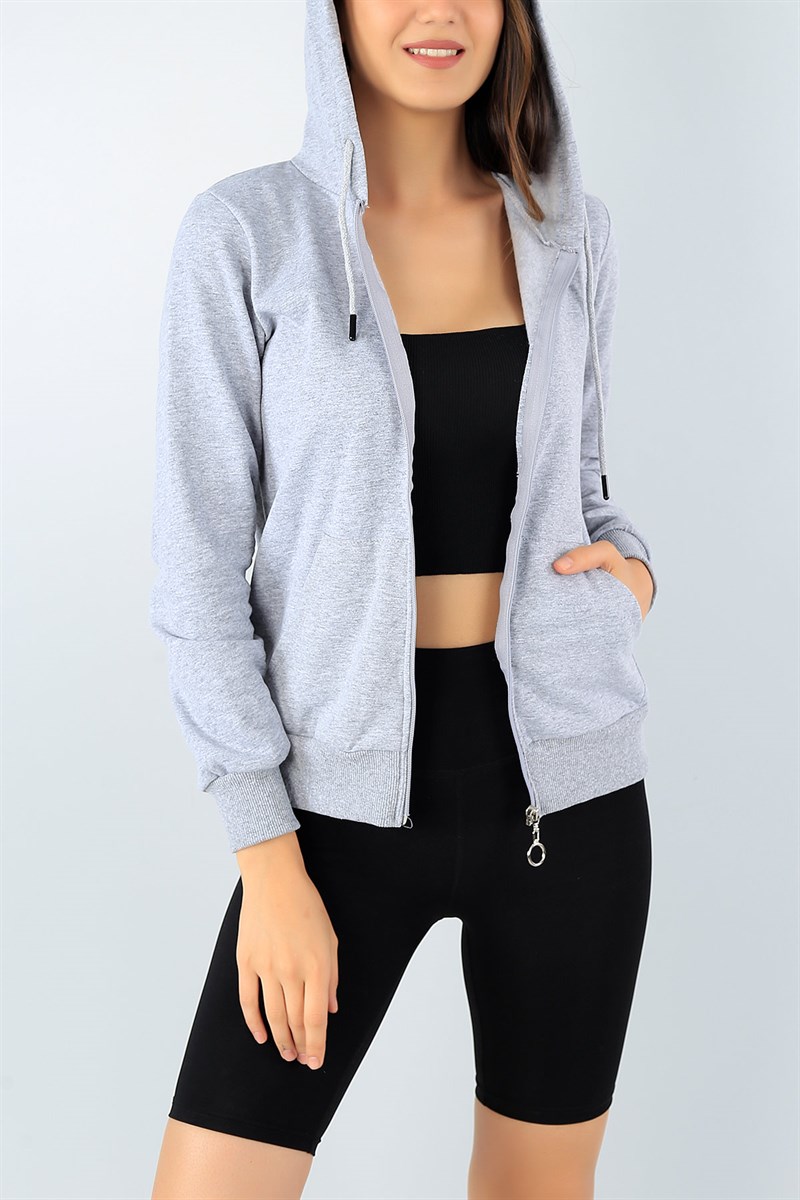 Gri Kanguru Cep Fermuarlı Bayan Sweat 43666