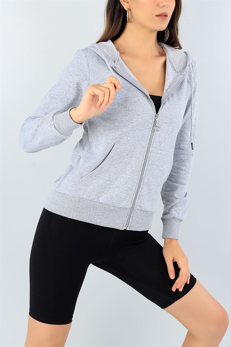 Gri Kanguru Cep Fermuarlı Bayan Sweat 43666