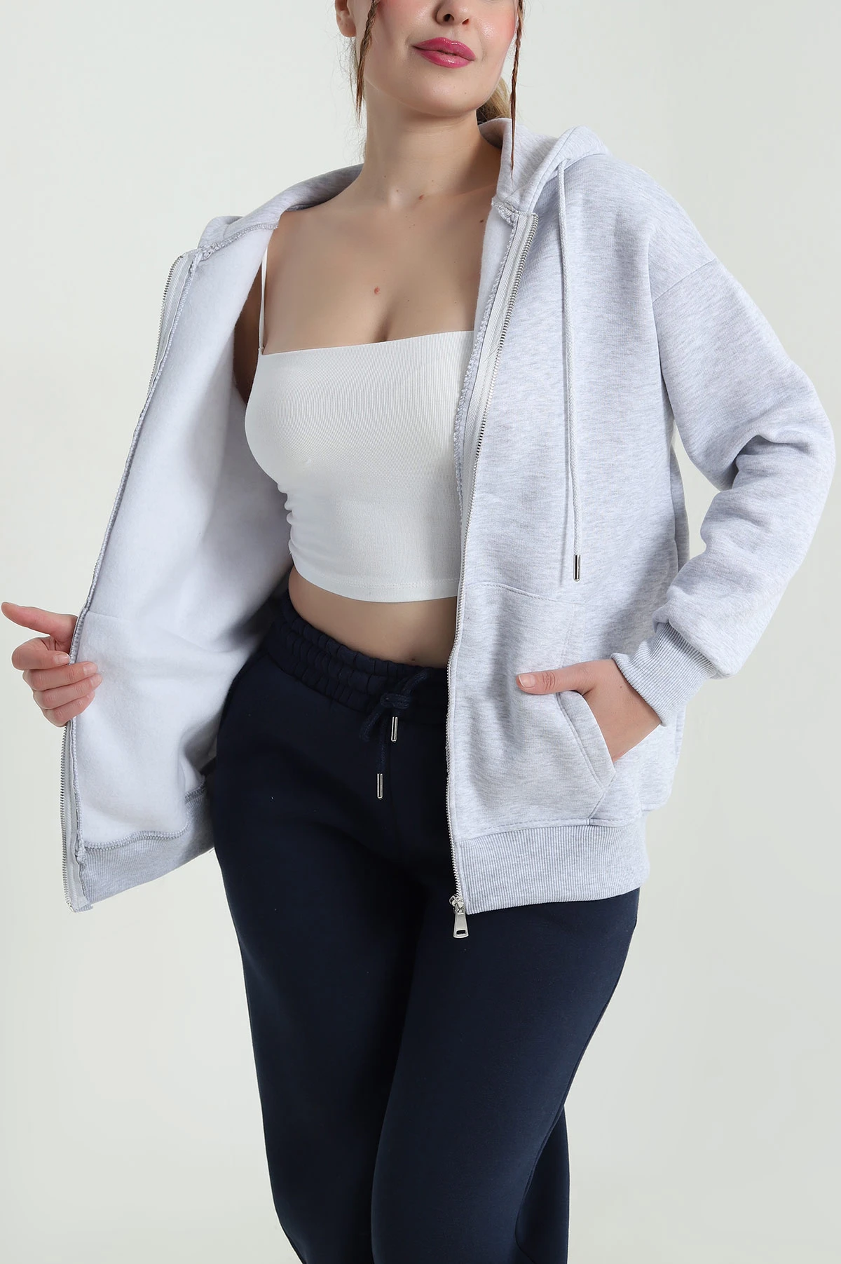 Gri Kapşonlu Şardonlu Üç İp Kadın Sweat 482267