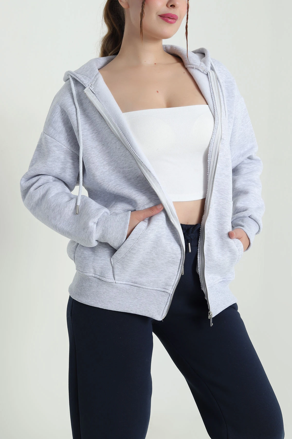 Gri Kapşonlu Şardonlu Üç İp Kadın Sweat 482267