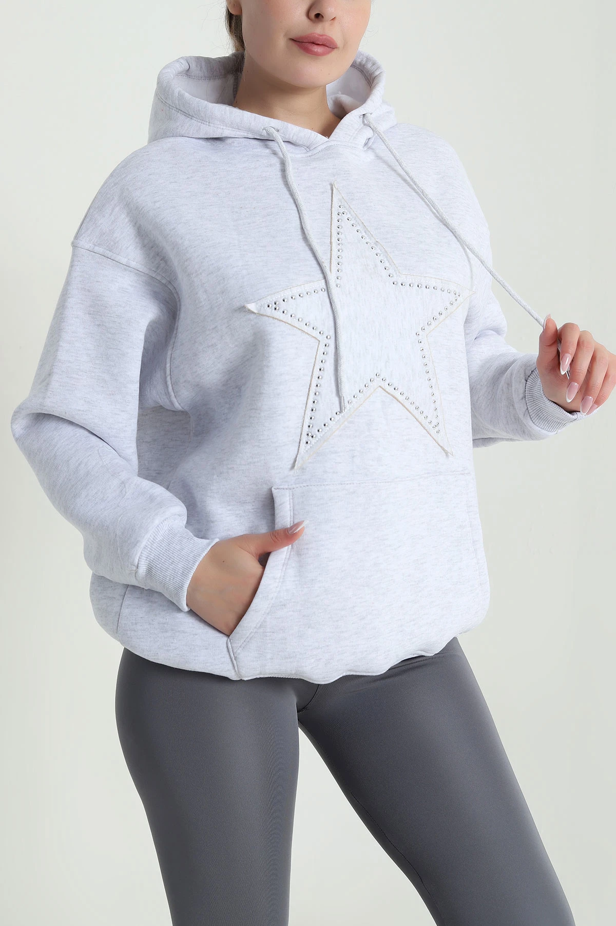 Gri Kapşonlu Şardonlu Üç İp Kadın Sweat 484985