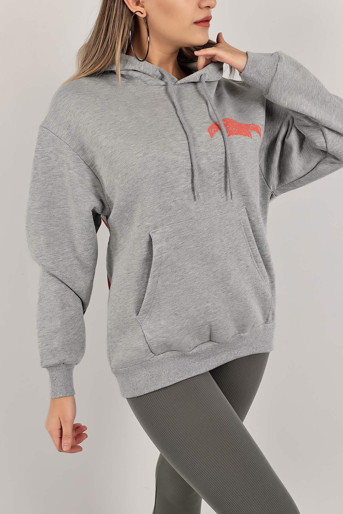 Gri Kapüşonlu İçi Şardonlu Bayan Sweat 143411