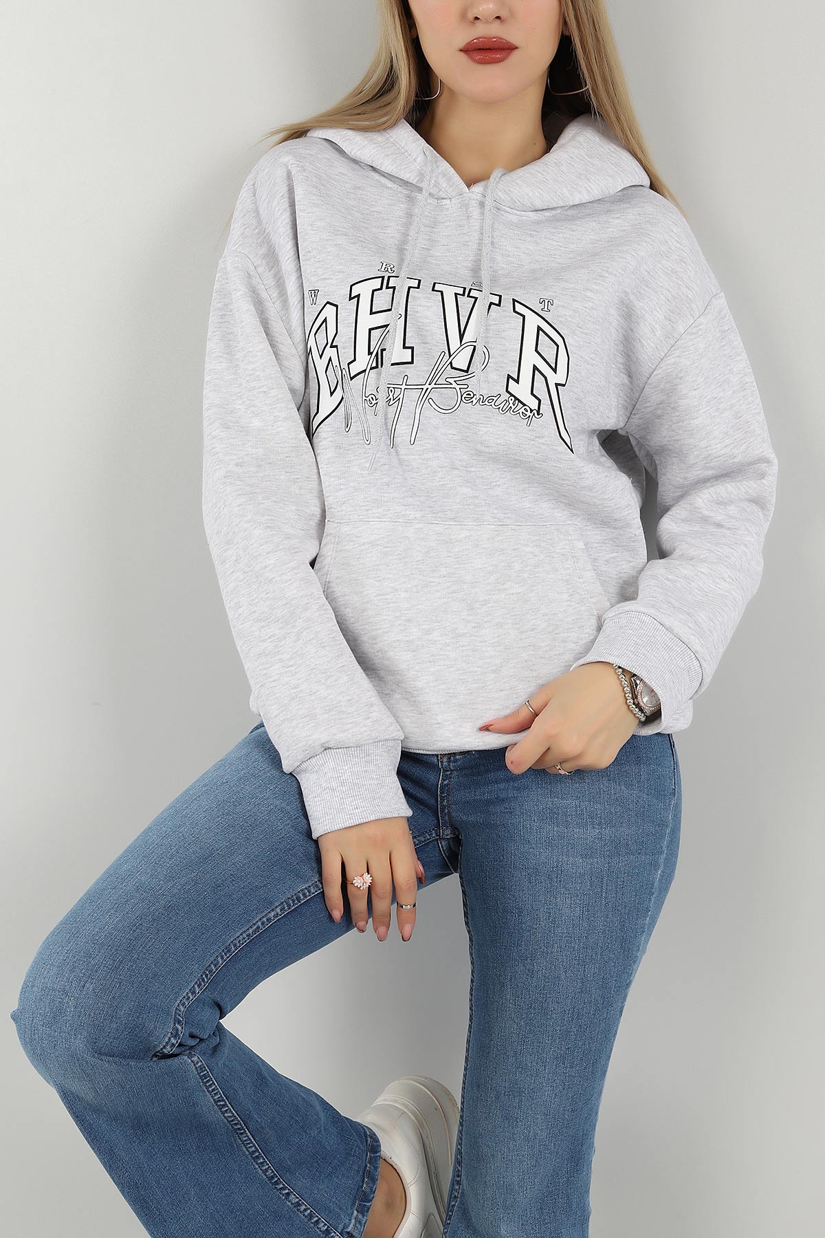 Gri Kapüşonlu İçi Şardonlu Bayan Sweat 145307