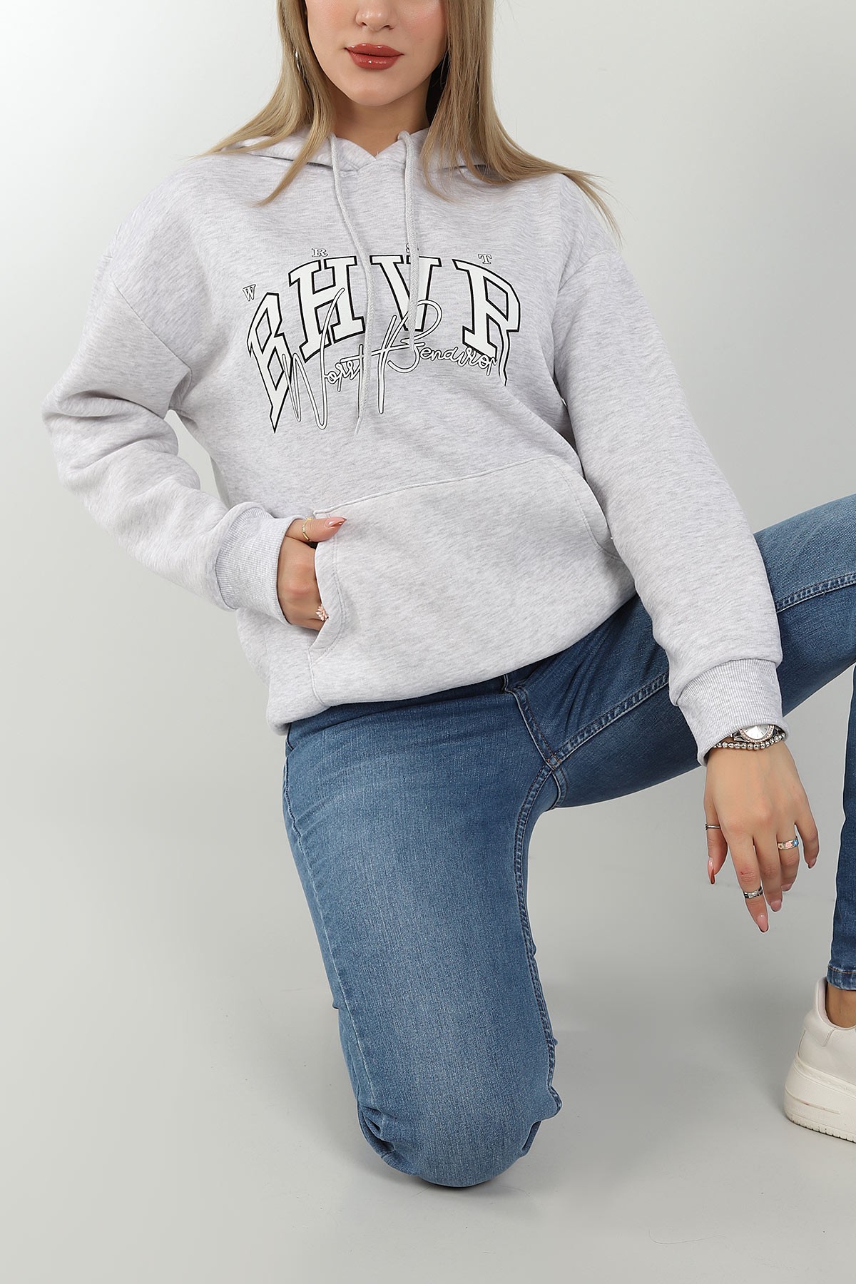 Gri Kapüşonlu İçi Şardonlu Bayan Sweat 145307