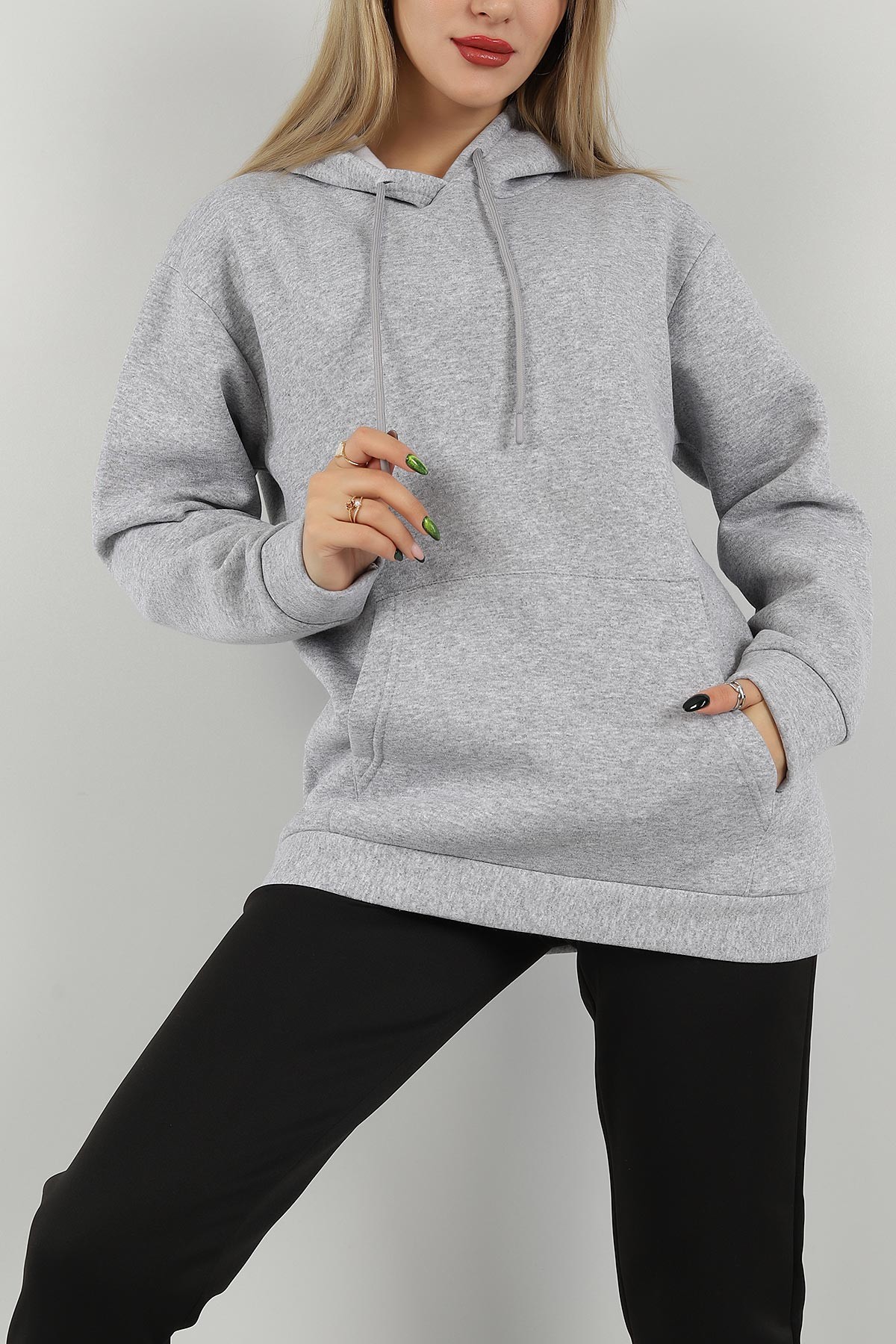 Gri Kapüşonlu İçi Şardonlu Bayan Sweat 147666