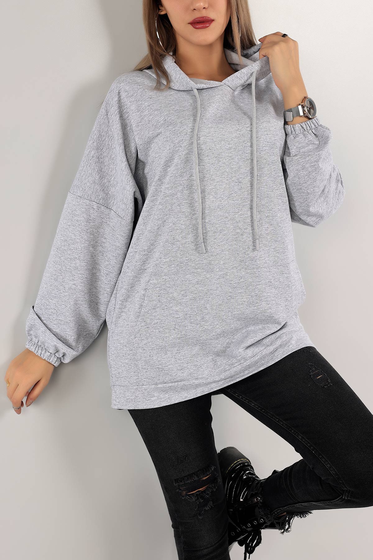 Gri Kapüşonlu İki İp Sweat Tunik 136617