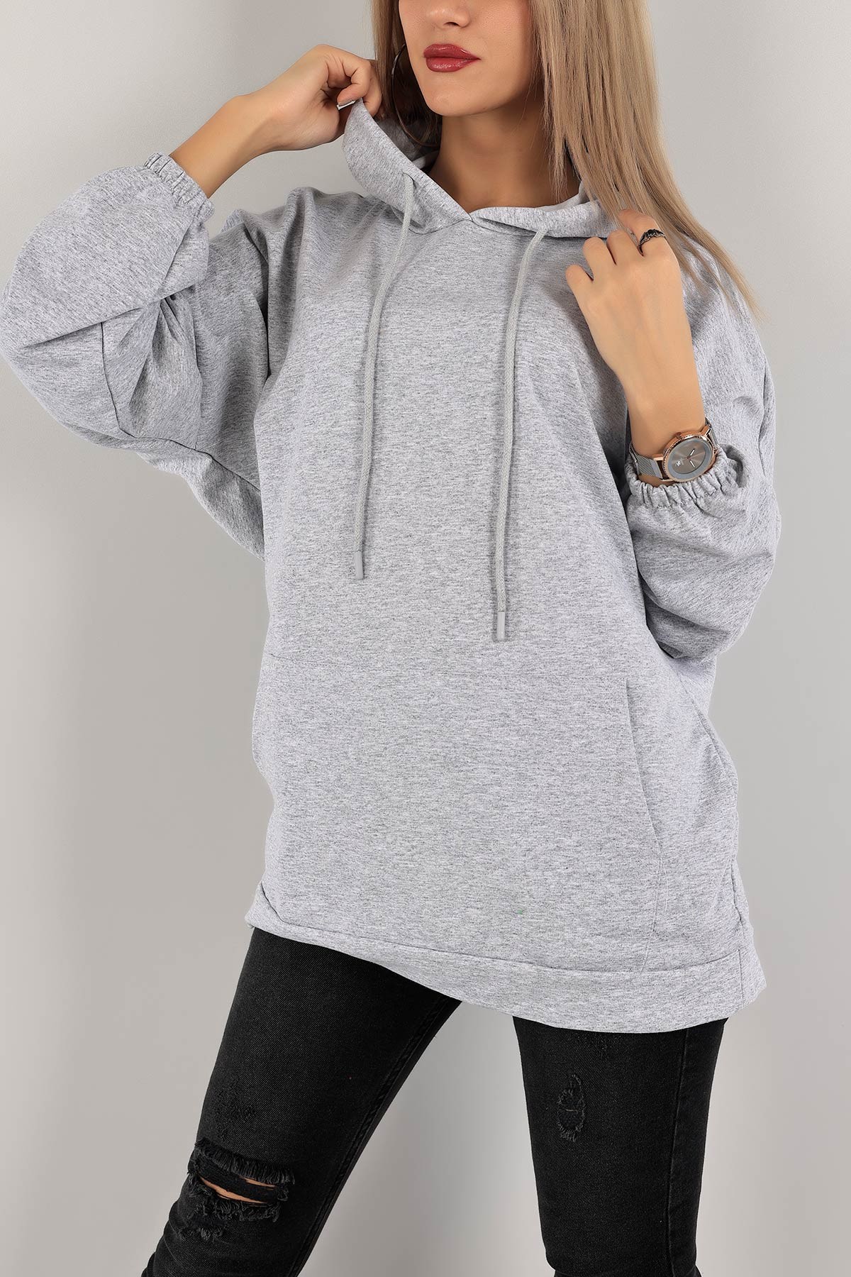 Gri Kapüşonlu İki İp Sweat Tunik 136617