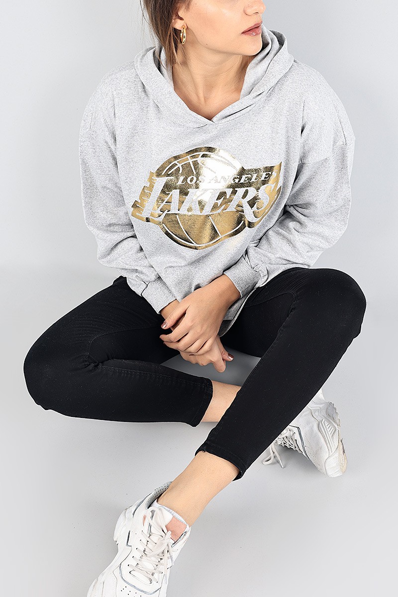 Gri Kapüşonlu Şardonlu Bayan Sweat 88357