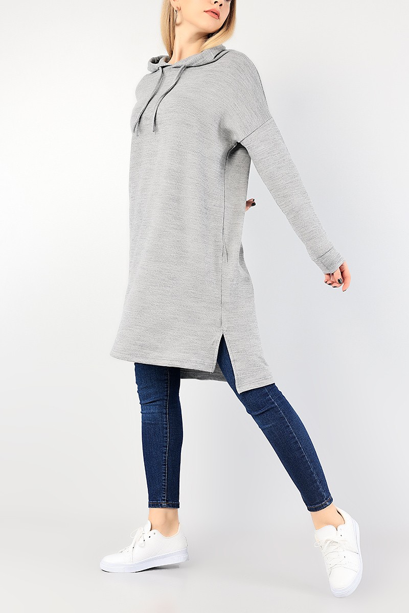 Gri Kapüşonlu Triko Tunik 86165