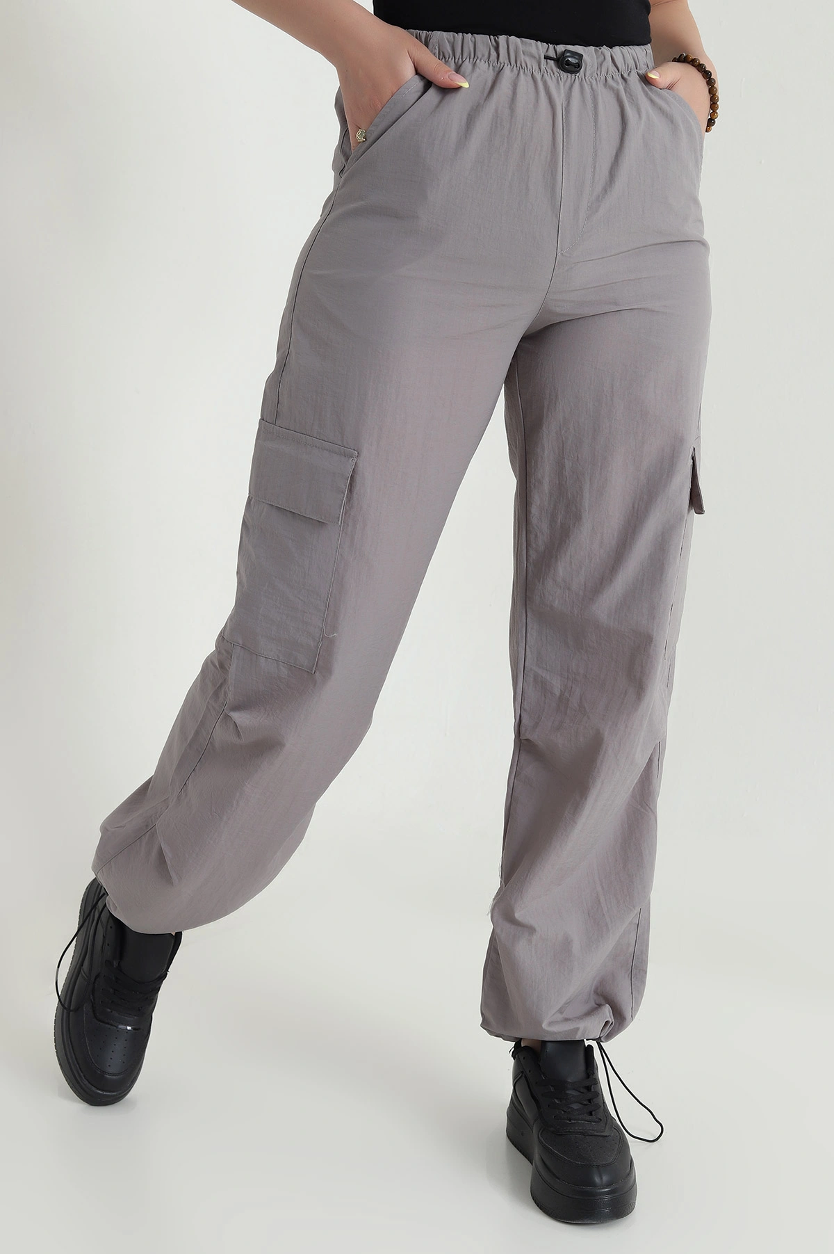 Gri Kargo Cep Paraşüt Kumaş Kadın Pantolon 467965