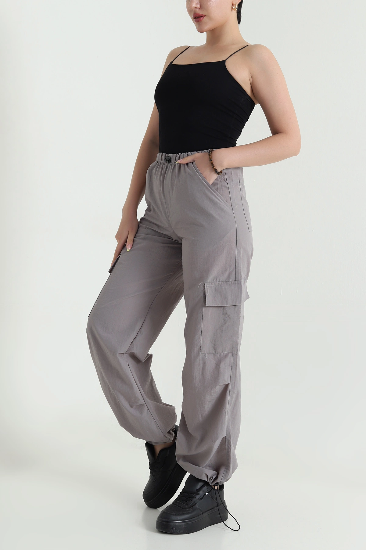 Gri Kargo Cep Paraşüt Kumaş Kadın Pantolon 467965