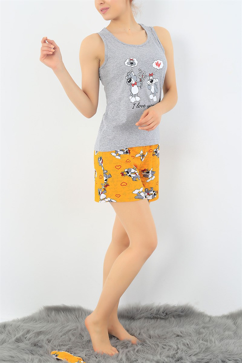 Gri Kedi Baskılı Pijama Takımı 32708