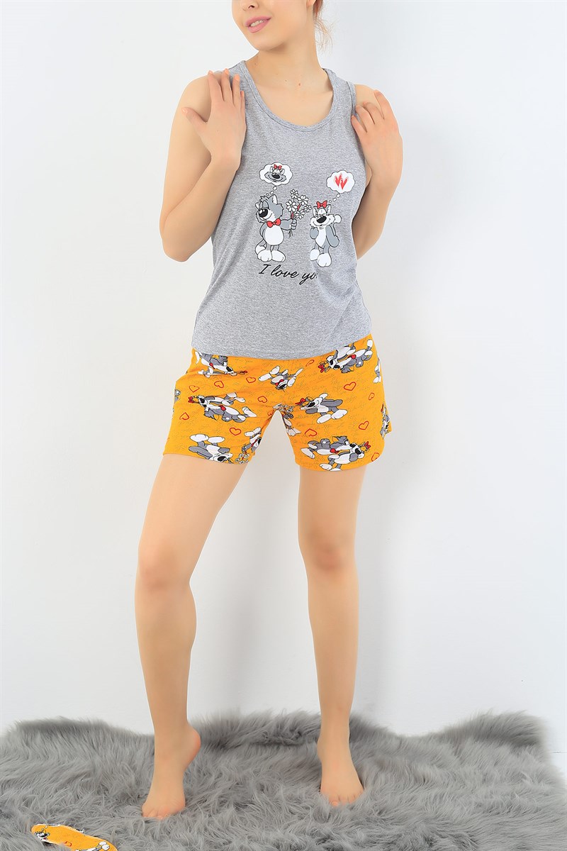 Gri Kedi Baskılı Pijama Takımı 32708