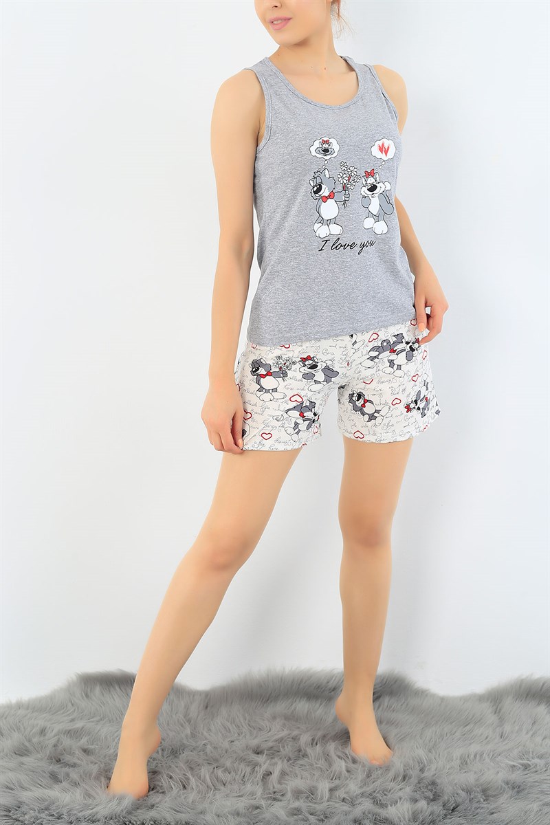 Gri Kedi Baskılı Pijama Takımı 32742