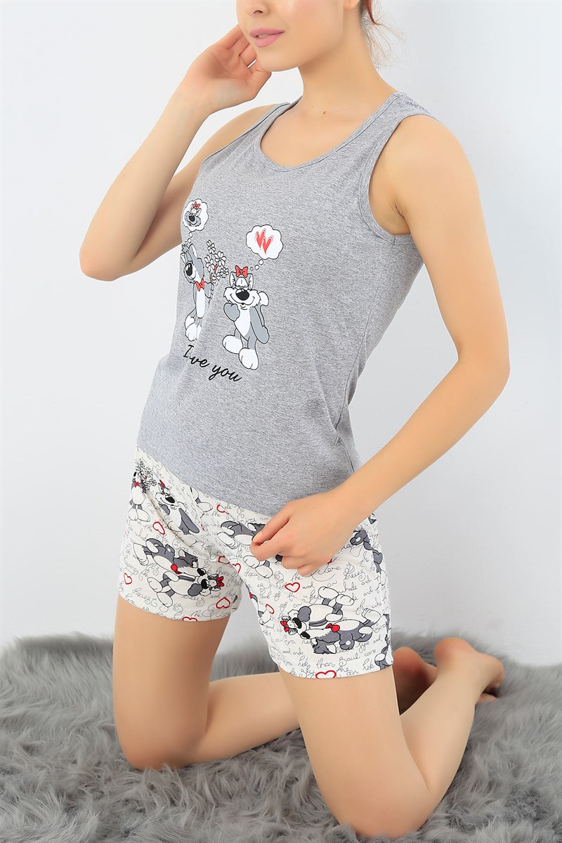 Gri Kedi Baskılı Pijama Takımı 32742