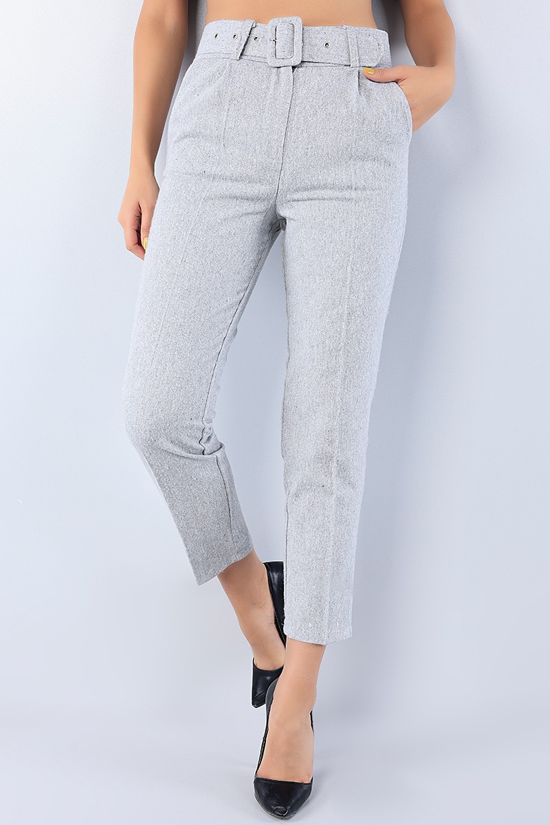 Gri Kemerli Bayan Kaşmir Pantolon 75699