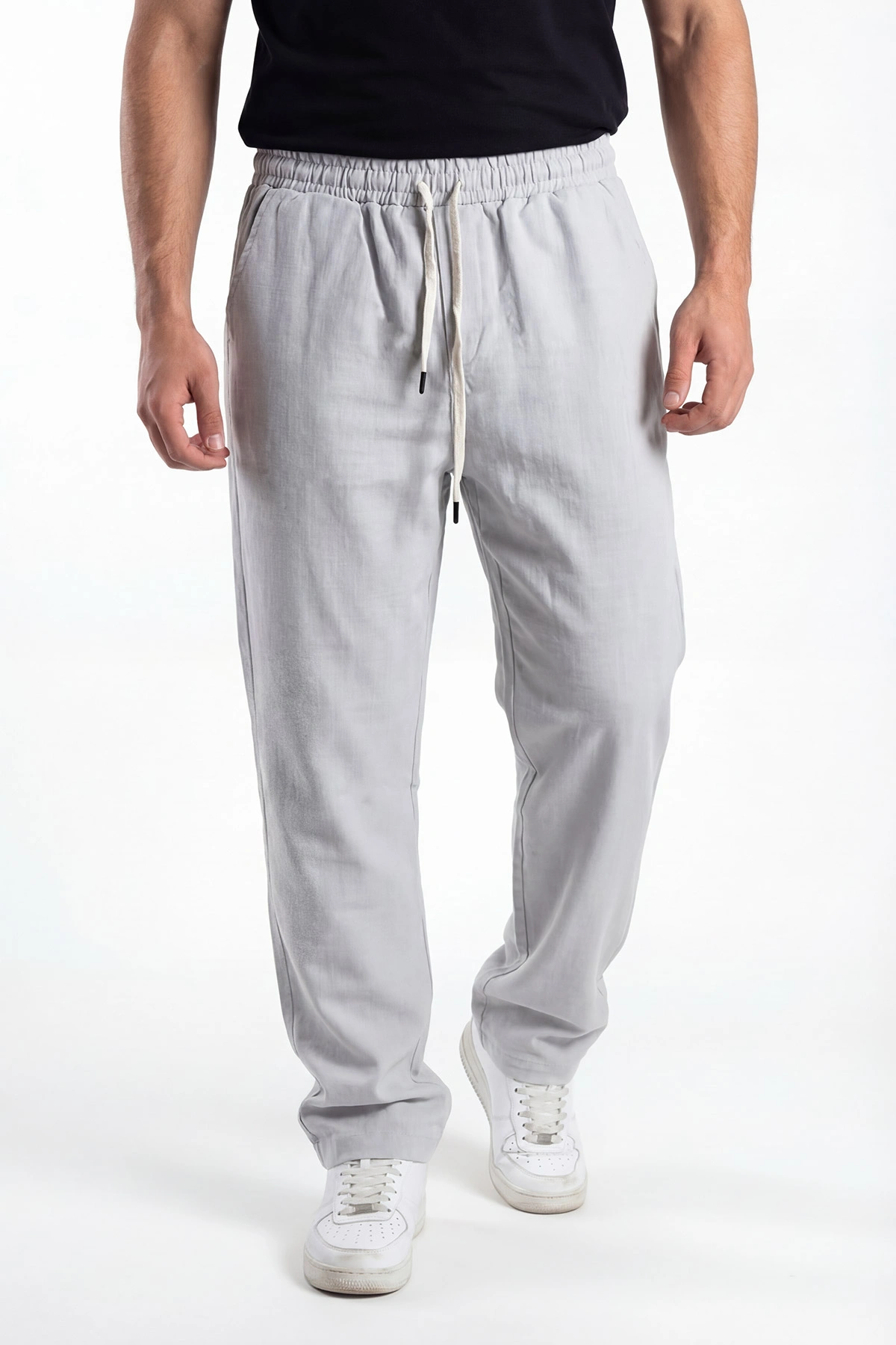 Gri Keten Baggy Belden Bağlamalı Erkek Pantolon 442756