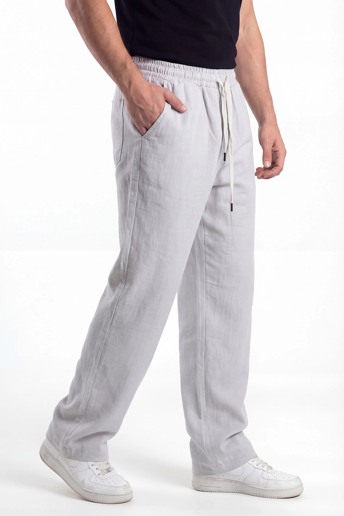 Gri Keten Baggy Belden Bağlamalı Erkek Pantolon 442756