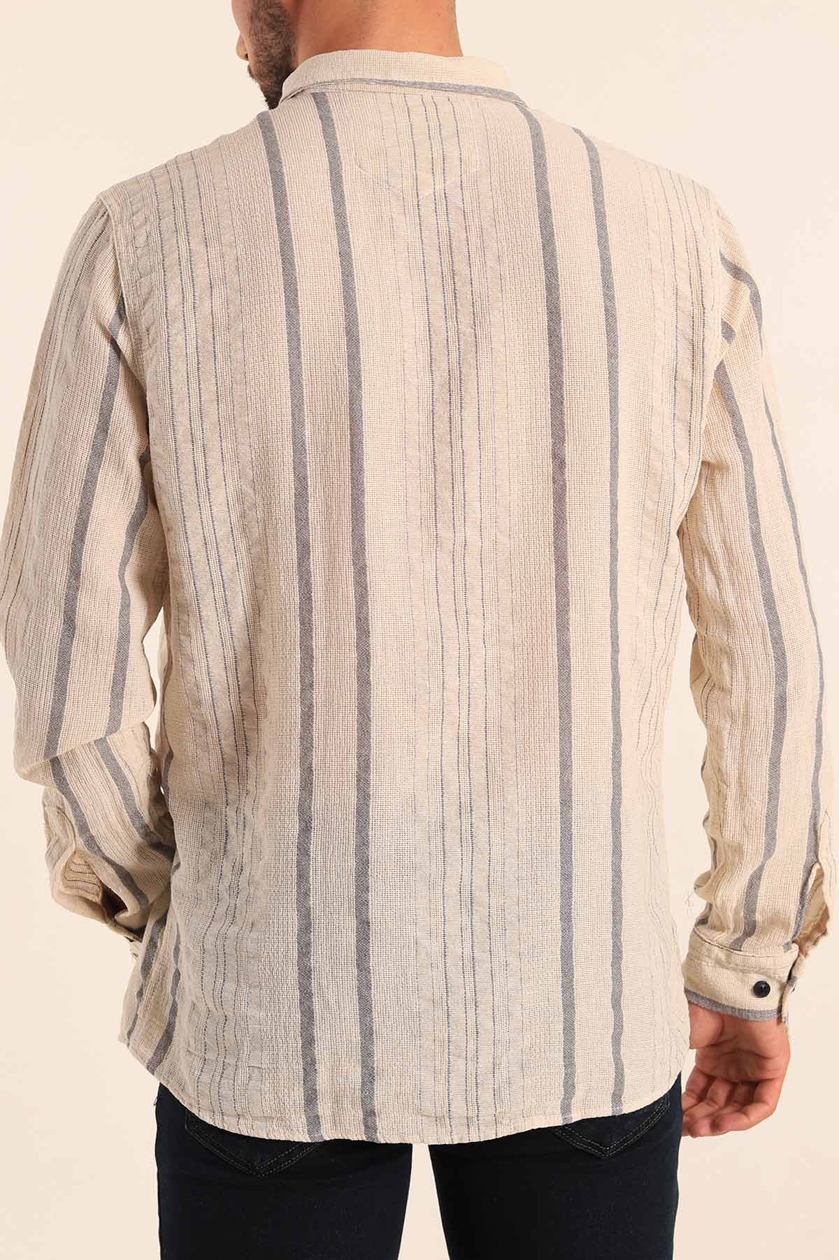 Gri Keten Çizgili Uzun Kollu Erkek Gömlek 190706