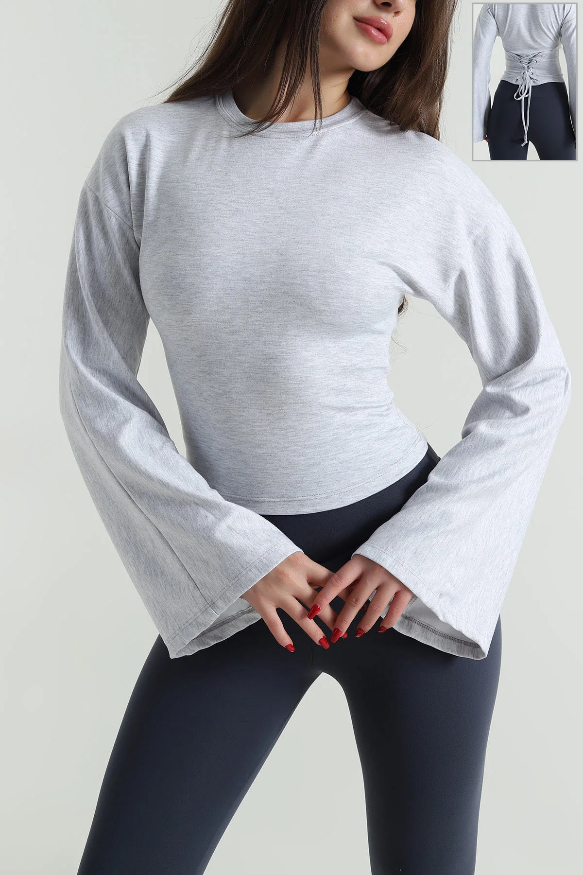 Gri Kuş Gözü Bağcıklı Modal Kadın Bluz 494843