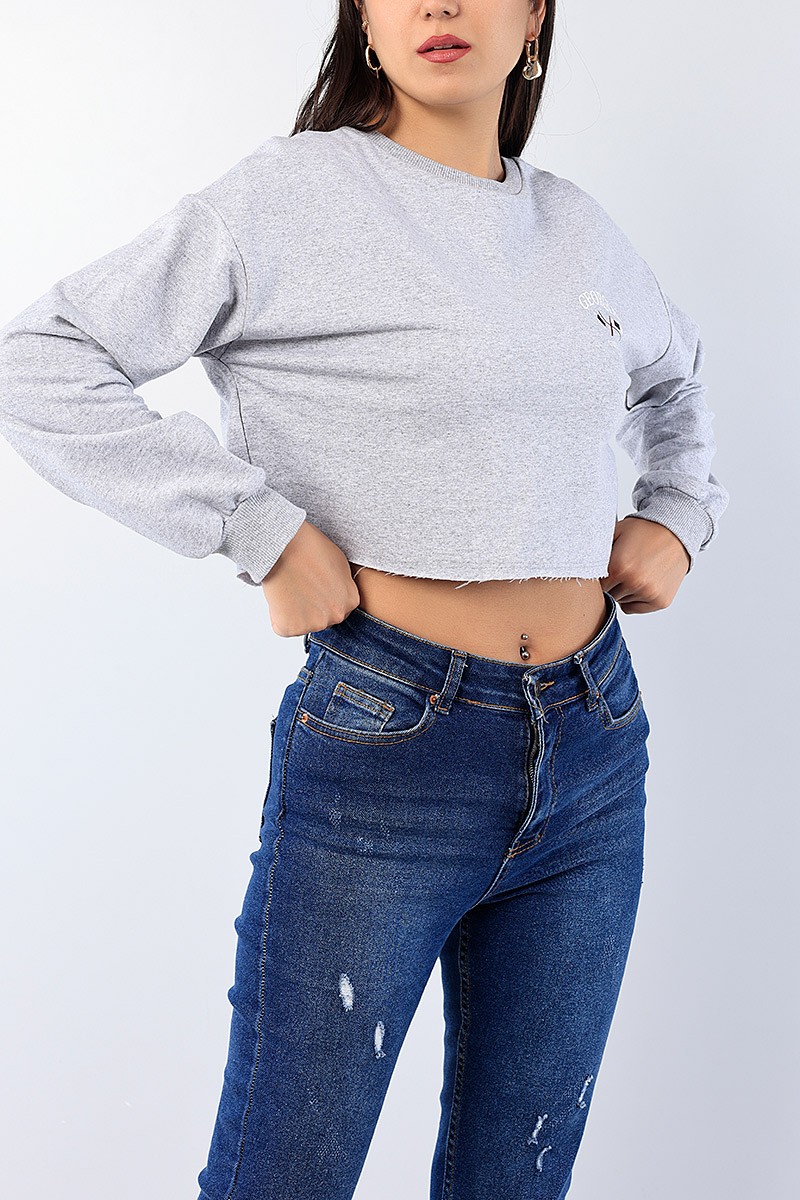 Gri Lazer Kesim Bayan Crop Sweat 75563