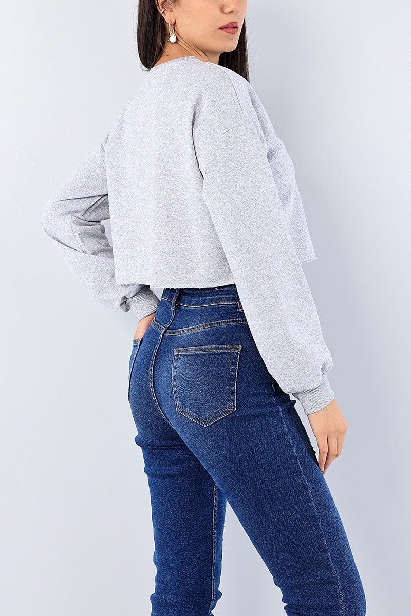Gri Lazer Kesim Bayan Crop Sweat 75563