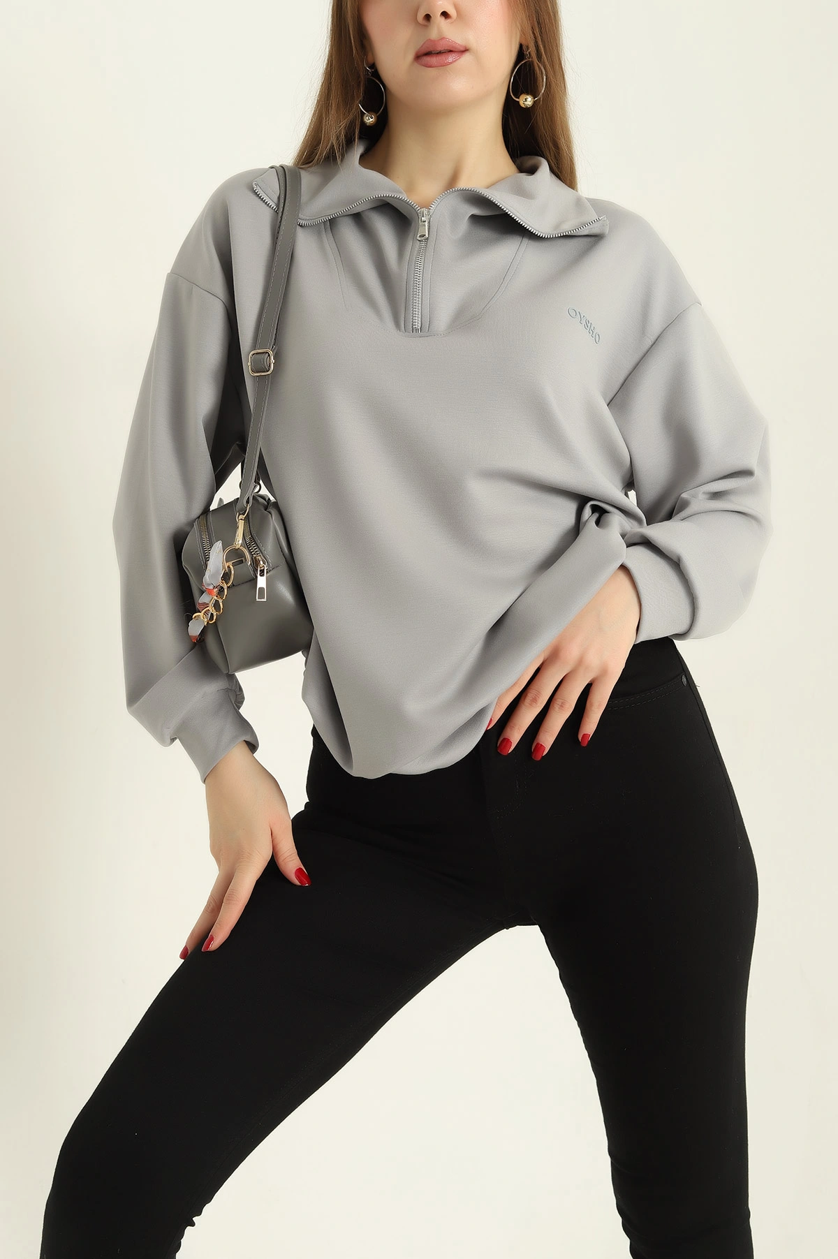Gri Likralı Baskılı Modal Bayan Sweat 327986