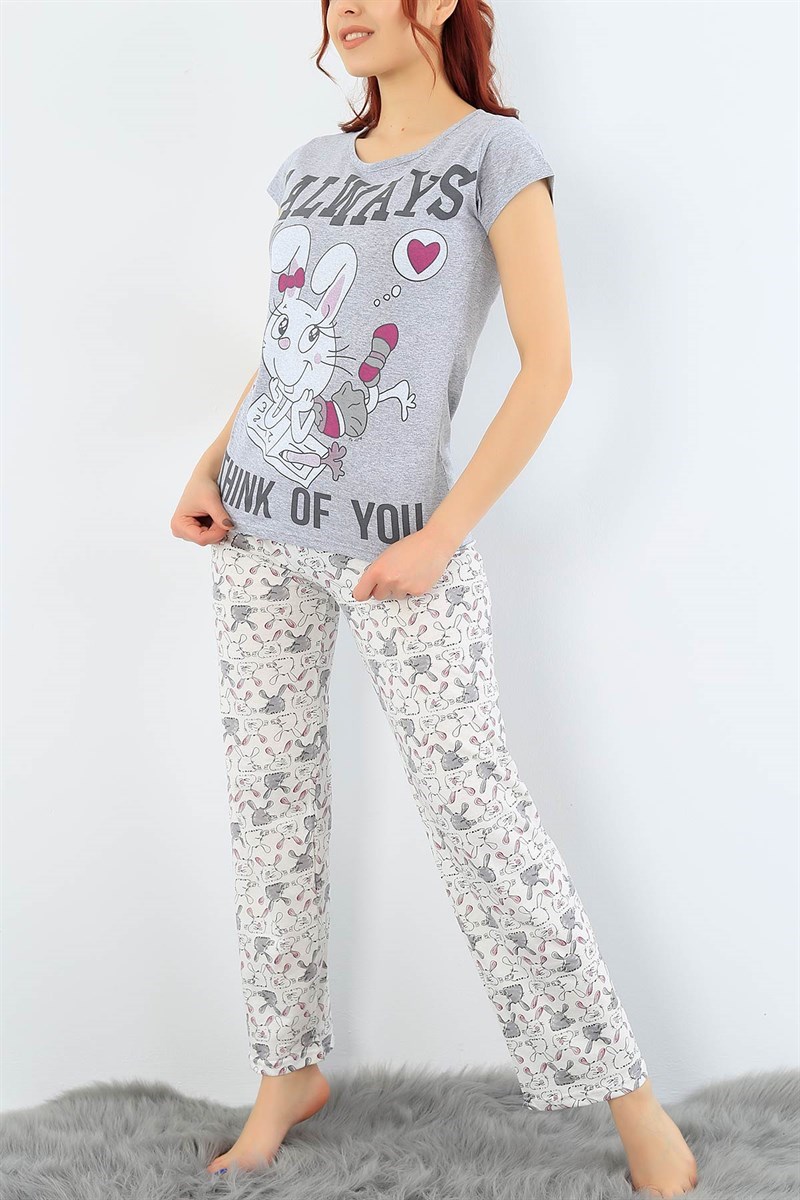 Gri Likralı Baskılı Pijama Takımı 32084