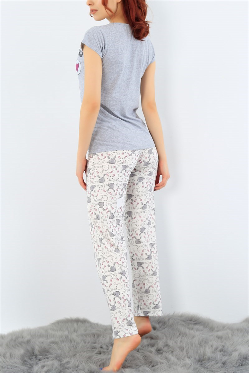 Gri Likralı Baskılı Pijama Takımı 32084