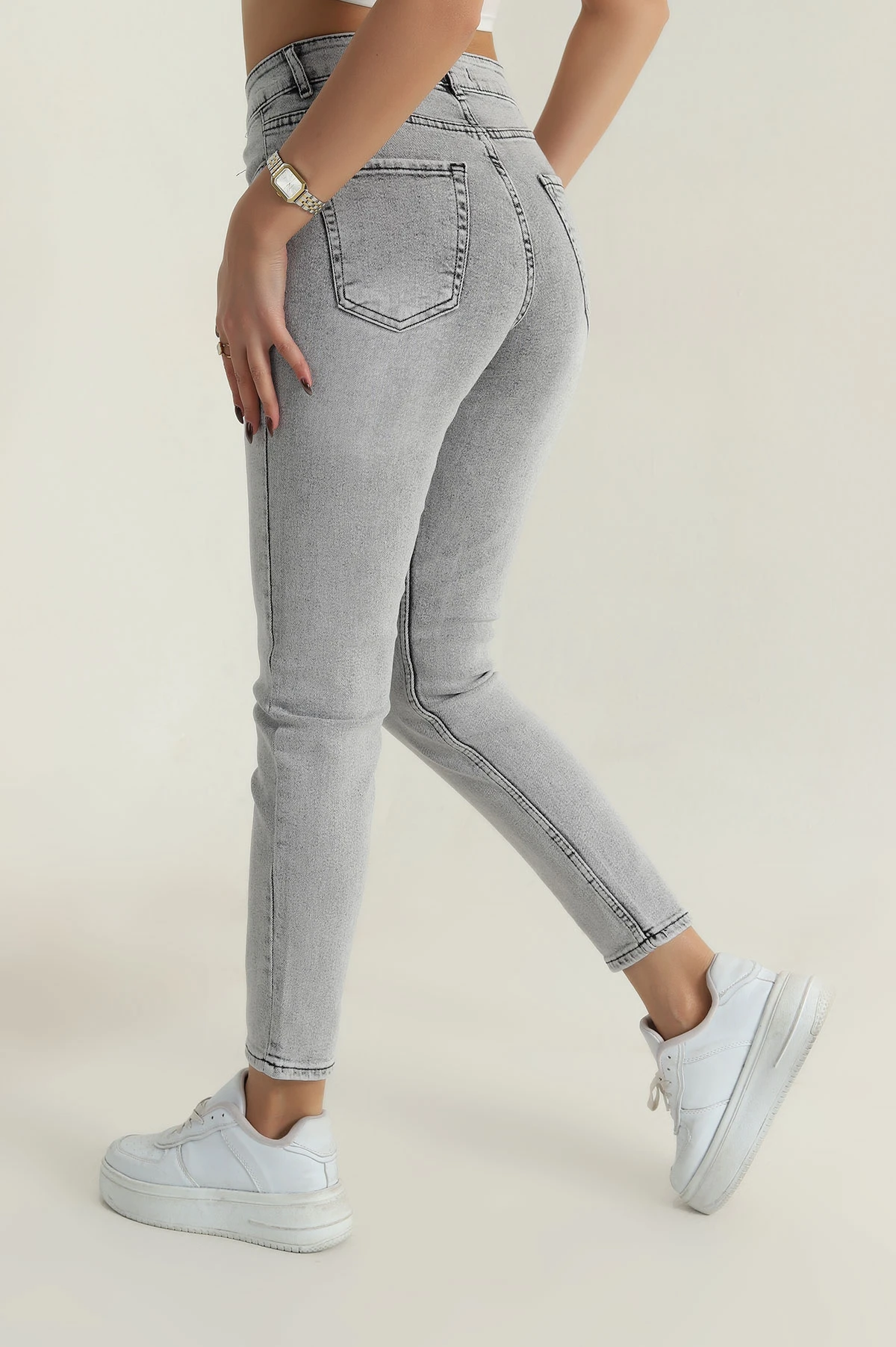 Gri Likralı Boyfriend Mom Kadın Kot Pantolon 409552