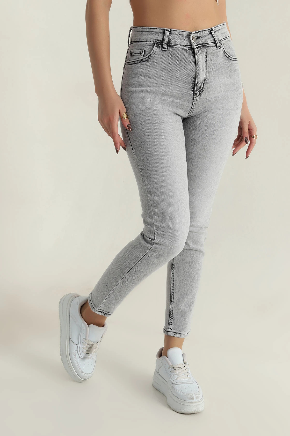 Gri Likralı Boyfriend Mom Kadın Kot Pantolon 409552