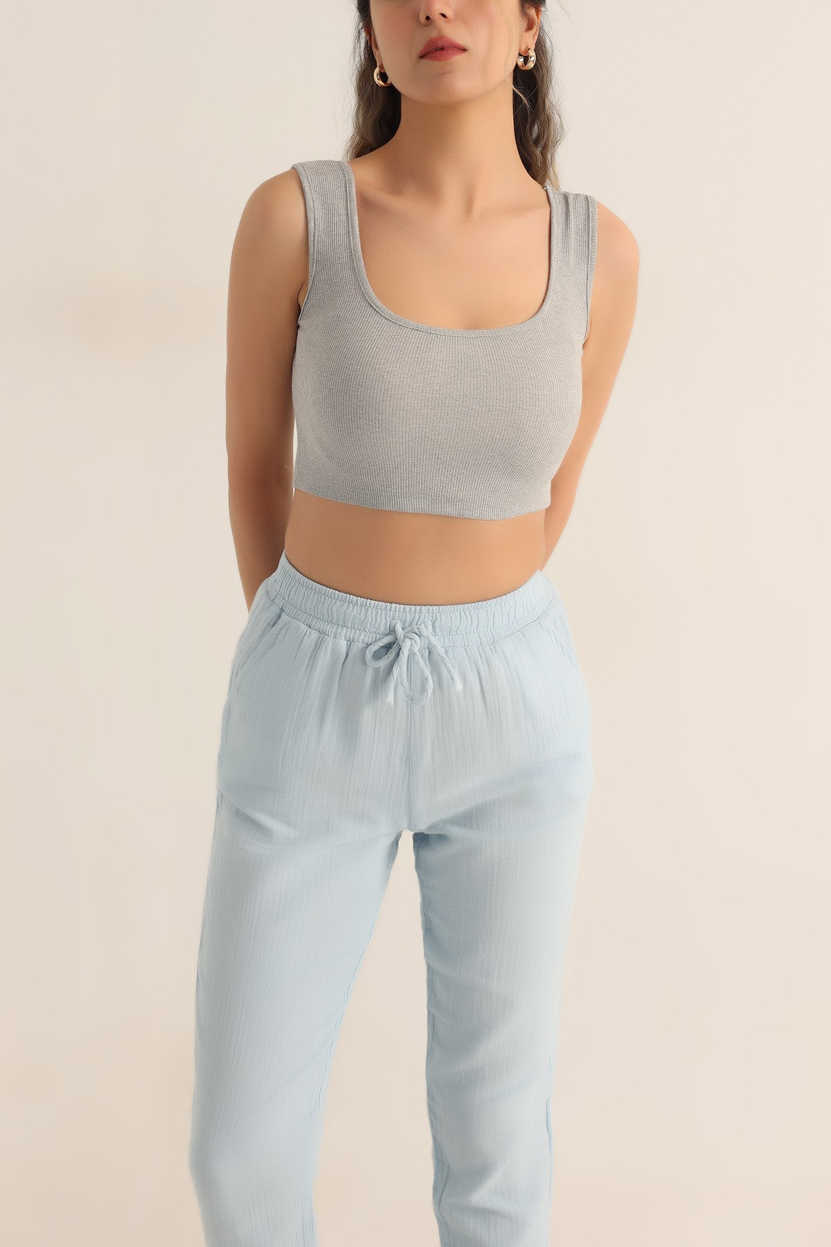 Gri Likralı Fitilli Crop Atlet 180256