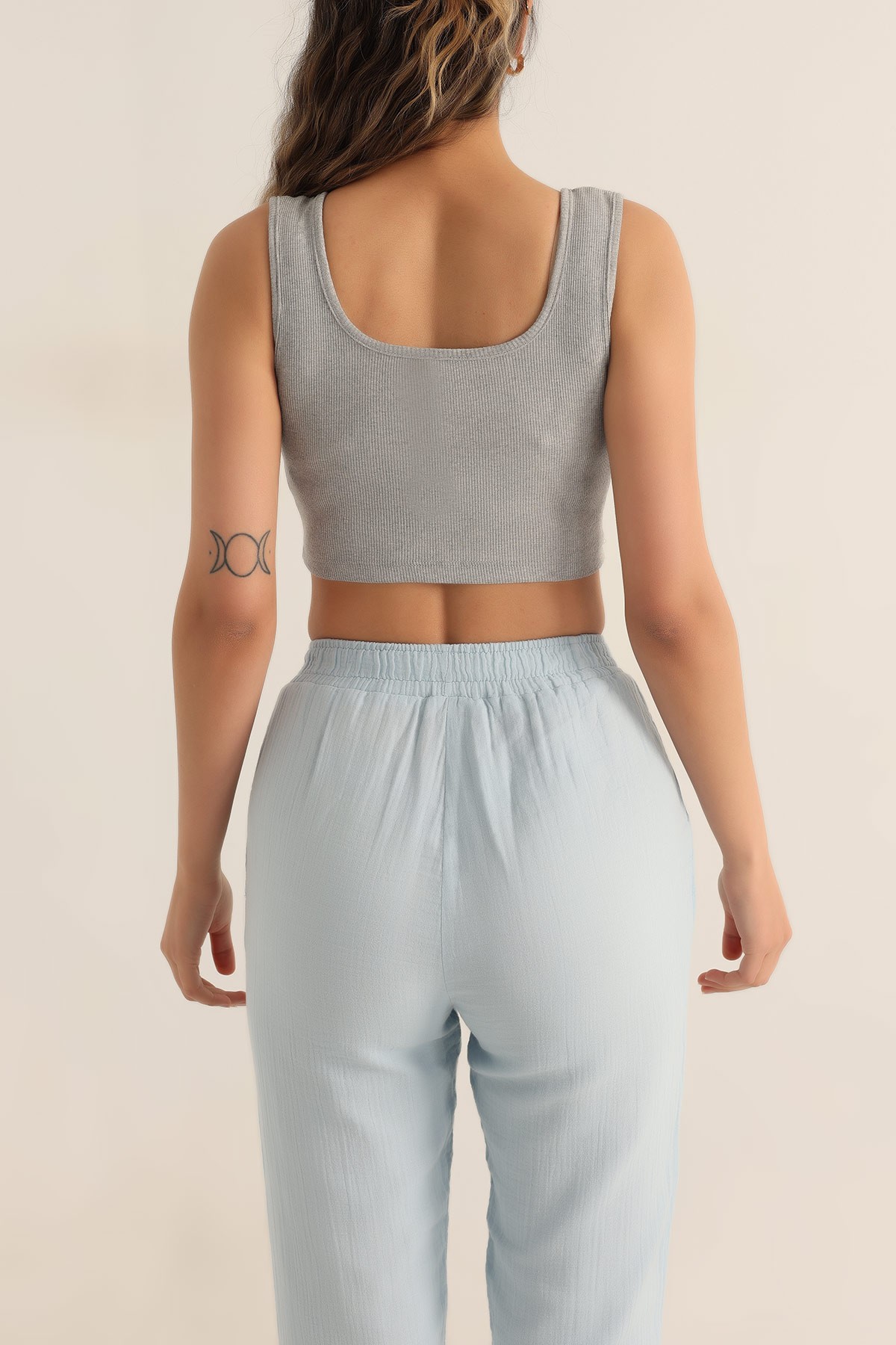 Gri Likralı Fitilli Crop Atlet 180256