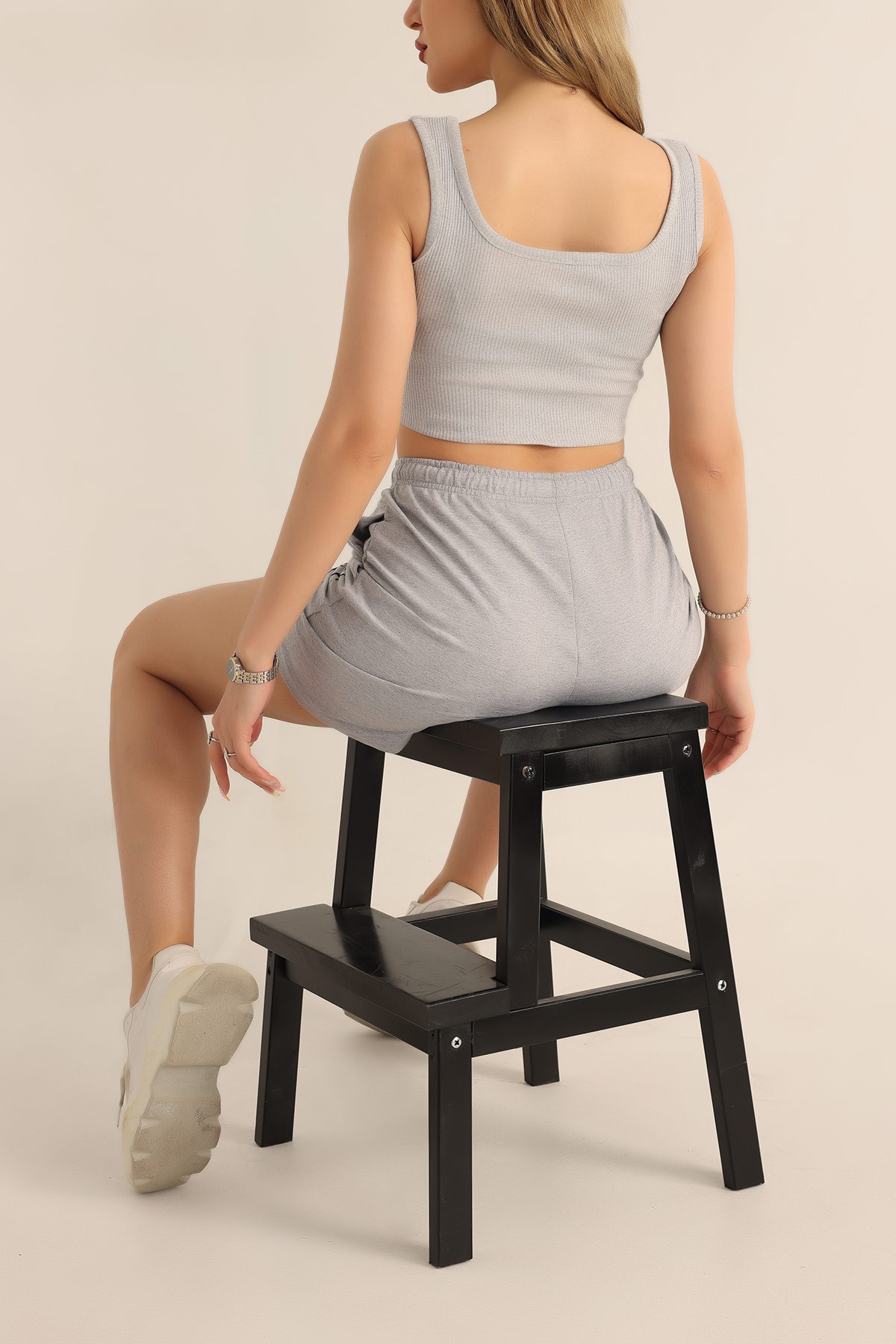 Gri Likralı Fitilli Crop Atlet 182495