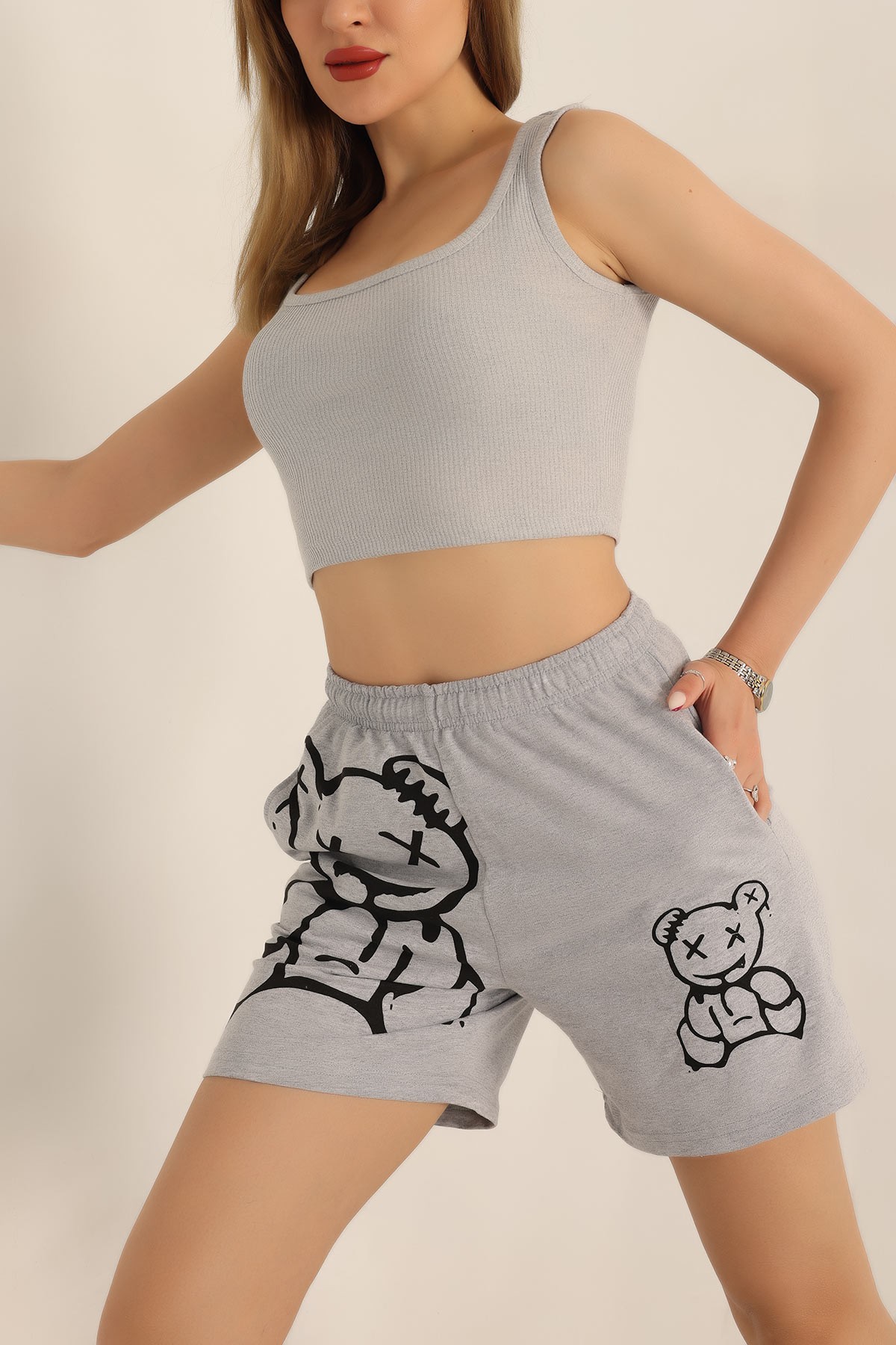 Gri Likralı Fitilli Crop Atlet 182495