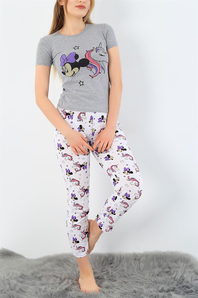 Gri Mickey Baskılı Bayan Pijama Takımı 33405