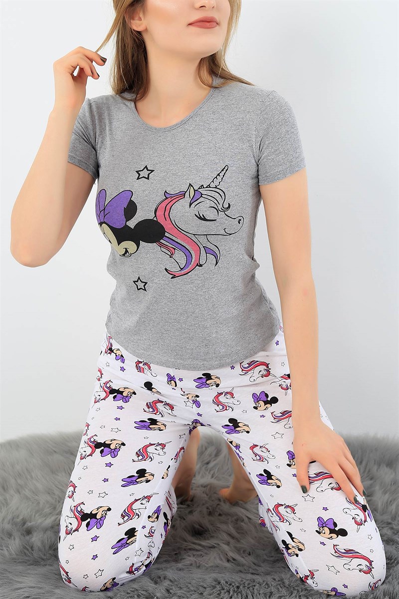 Gri Mickey Baskılı Bayan Pijama Takımı 33405