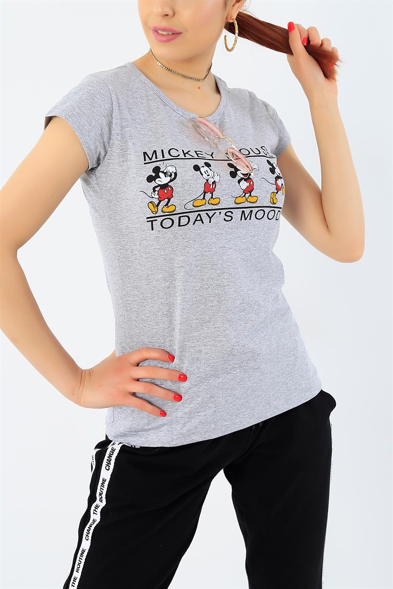Gri Mickey Mouse Baskılı Bayan Tişört 32279