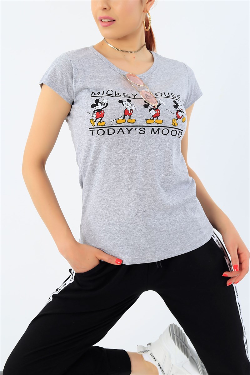 Gri Mickey Mouse Baskılı Bayan Tişört 32279